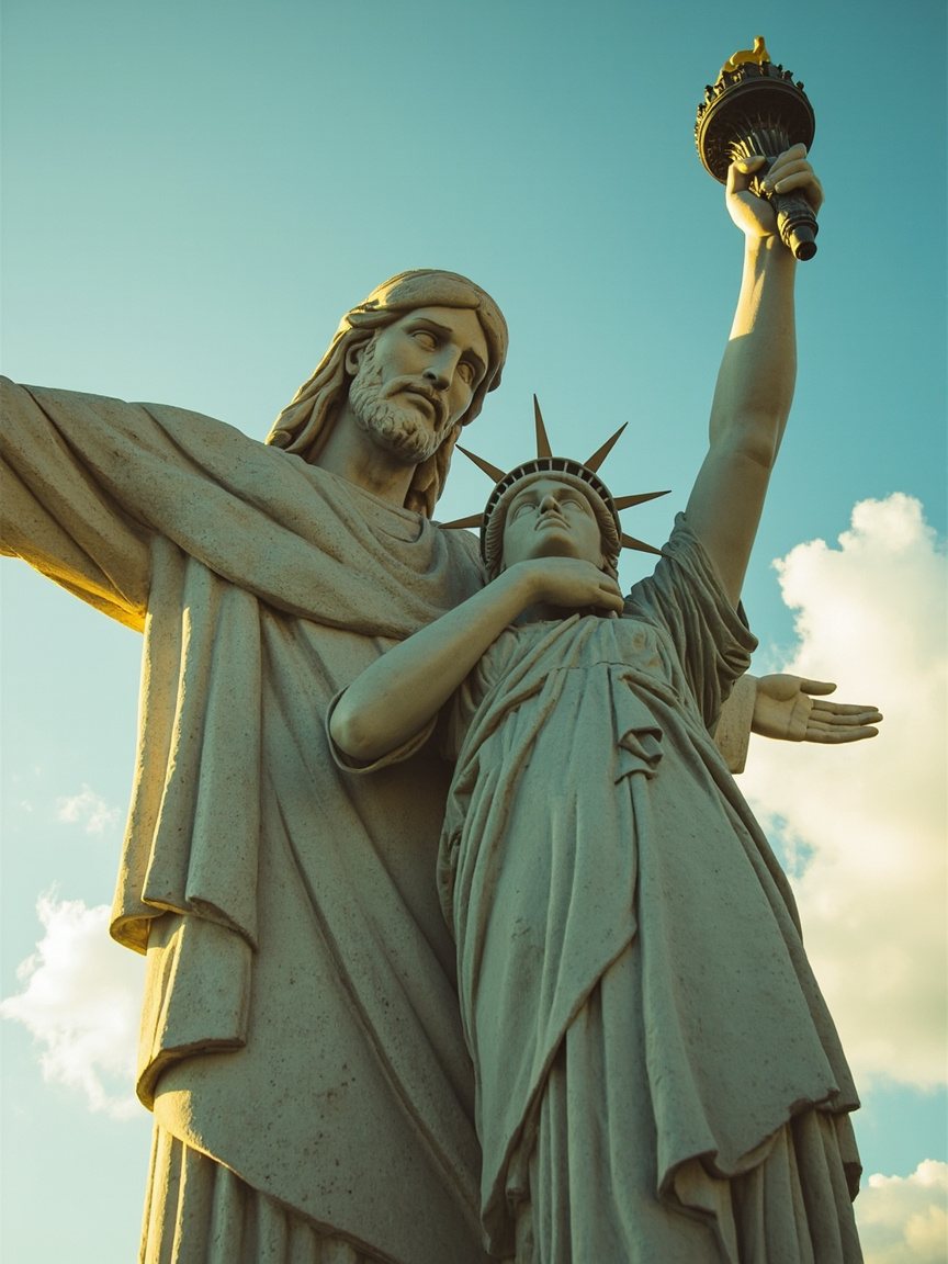 Cristo Redentor abraçado à Estátua da Liberdade